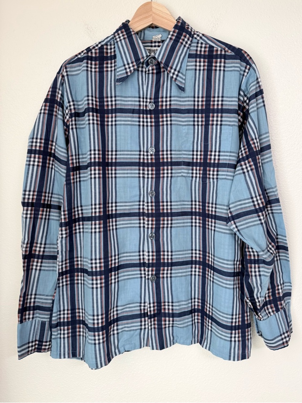 Vintage 70s Spire of California Blue Plaid Men’s Shirt | Large | Dagger Collar